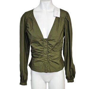 Lovers & Friends  Button Front V-Neck Puff Sleeve Top Green Size Small